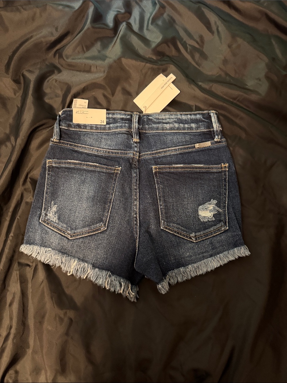 KanCan Dark Blue Distressed Denim Shorts with Flag Patch Detail - Picture 2 of 2